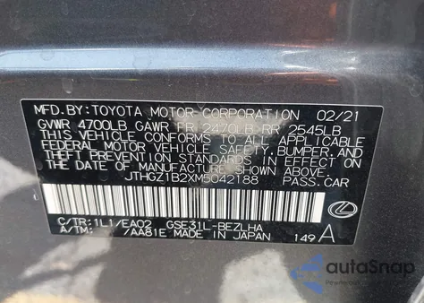 2021 Lexus Is 350 F Sport из США, поврежденный, VIN JTHGZ1B2XM5042188